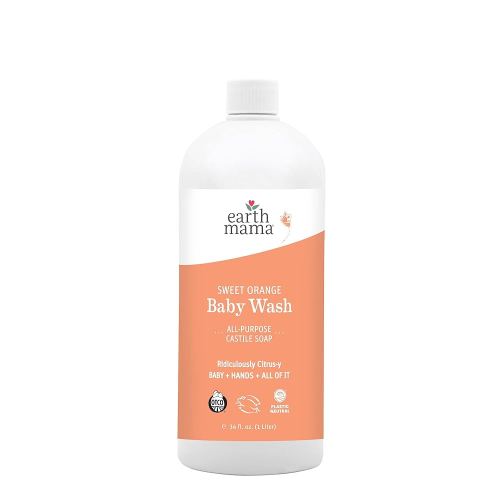 Earth Mama Sweet Orange Baby Wash Liquid Hand Soap Refill, Organic Body Wash for Sensitive Skin, All Purpose Castile Soap Liquid with Coconut Oil, Shea Butter, Calendula & Aloe, 34 fl oz