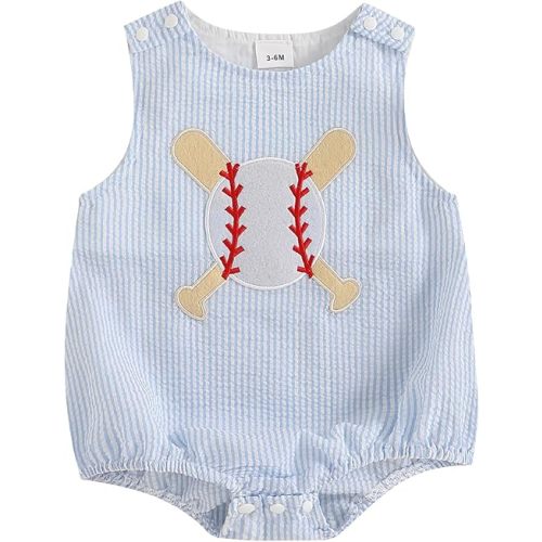 Newborn Baby Boy Girl Baseball Clothes Embroidery Striped Sleeveless Seersucker Bubble Romper Bodysuit Summer Outfit