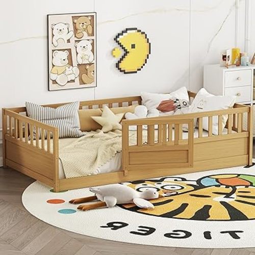 Bellemave Twin Floor Bed with Slats and High Fence, Twin Size Montessori Floor Beds with Door, No Box Spring Needed, Easy Assemble Montessori Bed Frame(Natural Twin)