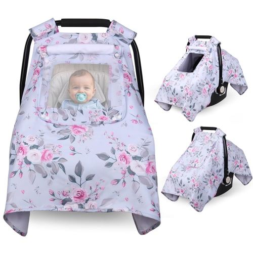 Car Seat Cover Baby, Carseat Covers Baby with 2 Layers Breathable Windows, Windproof Infant Car Seat Cover, Kick-Proof Baby Carrier Cover for Baby Girl Newborn Essentials