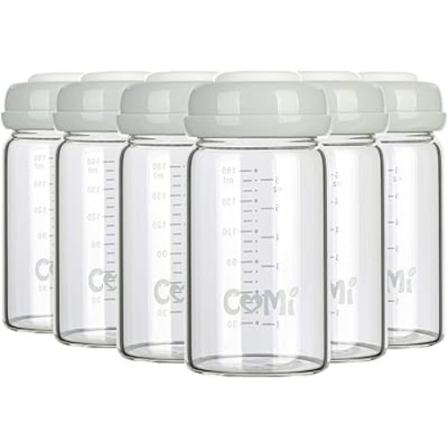 COMI Wide Neck Glass Breastmilk Collection n Storage Bottle, 6oz with Screw Ring Sealing Disk; Re-markable Sealing Disc. BPA Free, Fits Breast Pumps & Nipples (Gray Lids)