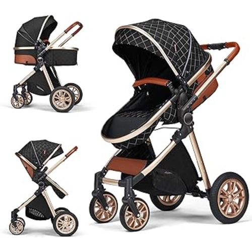 2 in 1 Baby Travel System Infant Baby Stroller Pushchair High Landscape Reversible Foldable Portable Stroller Newborn Pram Reclining Baby Carriage (2in1 Black)