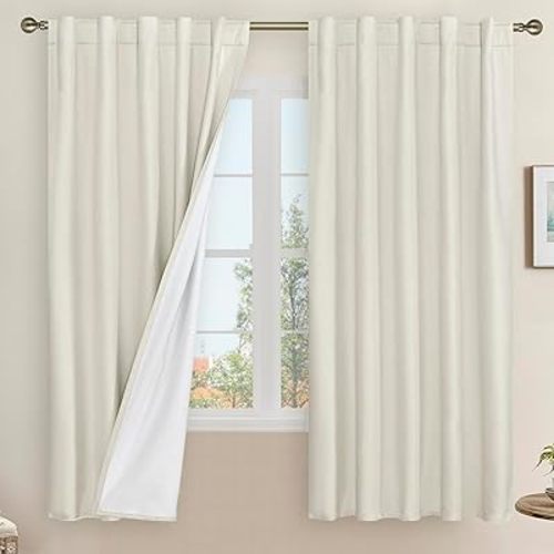 LAMIT Natural 100% Blackout Linen Curtains, 63 Inches Linen Textured Thermal Bedroom Curtains Back Tab and Rod Pocket Neutral Panels with White Liner for Farmhouse, 2 Panels, 42 x 63 Inch, Ivory