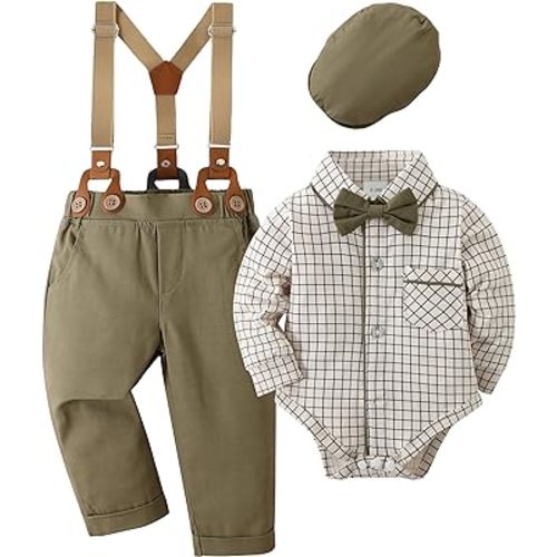 CARETOO Baby Boy Clothes Suit Infant Gentleman Boy Outfits Dress Shirt/Bowtie/Suspender Pants Set 0-18 Months