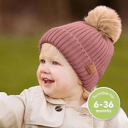 2-Pack Baby Hats for Girls, Boys - Stretchy Baby Beanies, Cute Newborn & Toddler Winter Hat, Soft & Warm Pom Pom Beanie for Infant, Toddler, Boys, Girls 6-36 Months (Tea Rose, M)