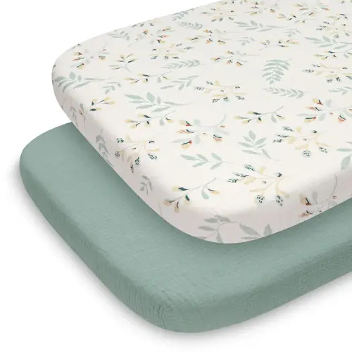 Blissful Diary Muslin Bassinet Sheets for Baby Girls Boys, Boho Soft Cotton Fitted for Oval Hourglass Rectangle Mattress, 2 Pack(Roman Green&Leaf)