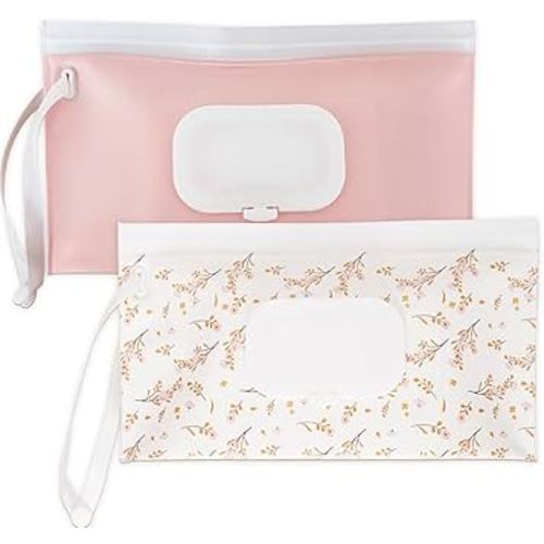 Wipe Dispenser and Wipes Container, 2 Pack Reusable Wipes Holder and Travel Wipes Case, Refillable Pouch for Baby Essentials, Pink & Leaf Design (pink)