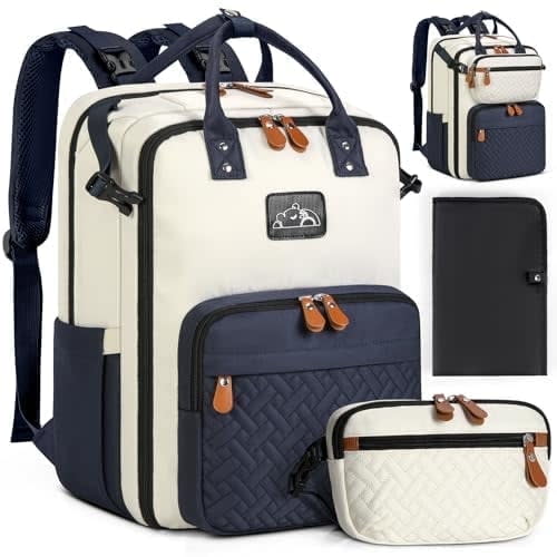 RAINSMORE Diaper Bag Backpack, Large Waterproof Bag with Changing Pad Detachable Crossbody Bag Travel Diaper Backpack Organizer
