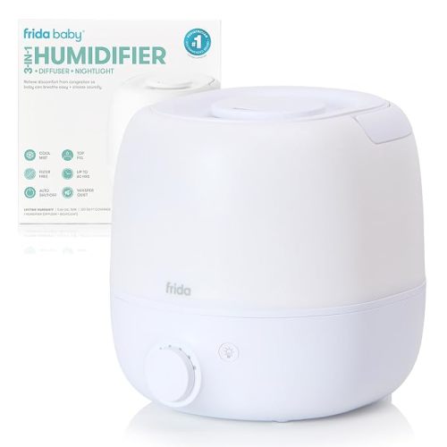 Frida Baby 3-in-1 Cool Mist Humidifier for Large Rooms, Top Fill Humidifier for Bedroom, 60 Hour Runtime + Diffuser, Nightlight, Auto Shut-Off, Quiet, Carry Handle, Nightlight, Essential Oil Diffuser