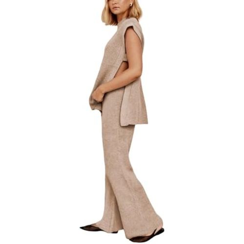 Lviefent Womens 2 Piece Outfits Sweater Set Sleeveless Side Slit Pullover Top Knit Wide Leg Pants Lounge Matching Sets
