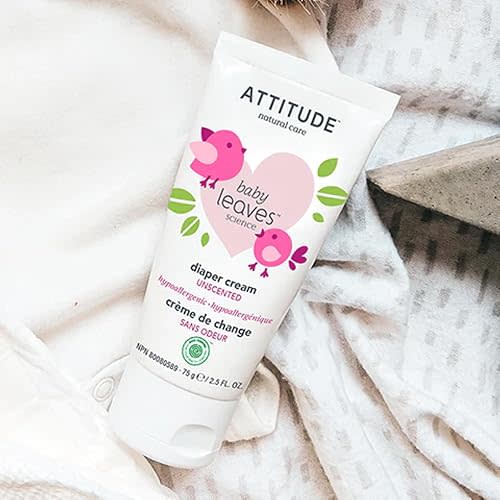 ATTITUDE Natural Zinc Diaper Cream | EWG VERIFIED, Hypoallergenic, Dermatologist Tested and Fragrance-Free Diaper Rash Cream | Blocks Moisture, Prevents Irritation | Baby leaves (2,6 Fluid Ounce)