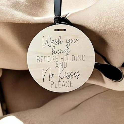 FELIXTA Round Wash Your Hands Engraved Wooden Sign No Kisses Stroller Sign Car Seat Tag, WHITE