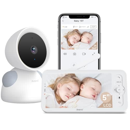 ARENTI Baby Monitor, 2K/3MP WiFi 6 Camera and Audio, 5-inch Wireless Screen, Smartphone App, Super Night Vision, Crying Detection, Auto Tracking, Temp&Humidity Sensor, Cloud&SD Card Storage (D3 Kit)