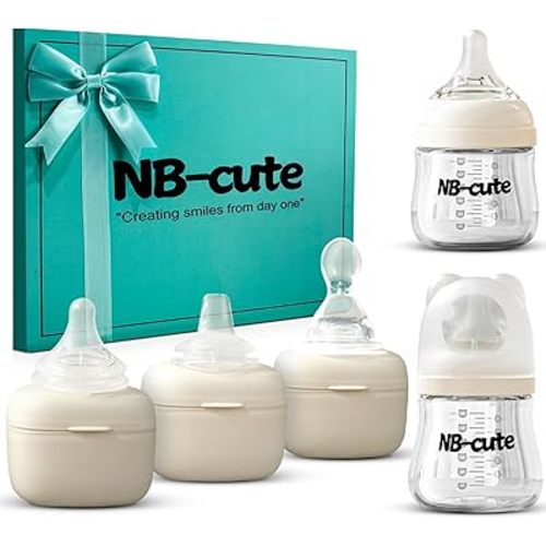 Glass Baby Bottles Anti Colic Set 2 Pack 4oz and 6oz BPA Free Heat Resistant Borosilicate Glass with 3 Silicone Nipples Wide Neck Gift Box Baby Shower Easy to Sterilize for Newborn Infant 0-9 Months