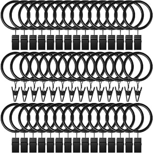 44 Pack Curtain Rings with Clips, Black Curtain Hooks Hangers 1" Interior Diameter, Metal Drapery Rings for Hanging Drapes Bows Tension Rod, Fits up to 5/8 in Curtain Rod