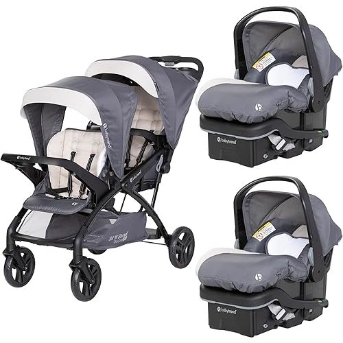 Baby Trend Sit N' Stand Double Stroller 2.0 and 2 EZ-Lift 35 Plus Car Seat Combo Set for Toddler & Infant, with 5 Point Safety Harness, Modern Khaki