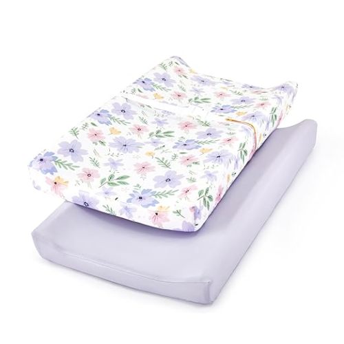 TILLYOU Changing Pad Cover Girl Set in Soft Jersey Material - Fits 32"/34''x16 Contoured Pad for Babies, Brilliant Little Flowers and Purple