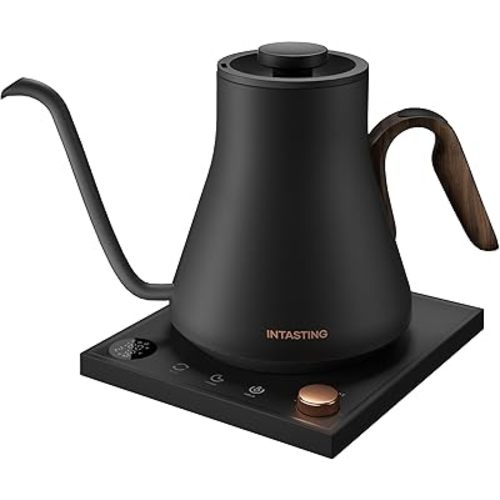 Electric Kettles, INTASTING Gooseneck Electric Kettle, ±1℉ Temperature Control, Wooden Accents, Stainless Steel Inner, Quick Heating, for Pour Over Coffee, Brew Tea, Boil Hot Water, 0.9L Black