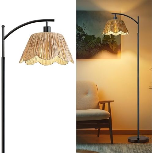 Arc Floor Lamp for Living Room,Rattan Boho Floor Lamp with Hand-Woven Shade, Foot Switch,Gold Metal Base & Pole,Farmhouse Standing Lamp for Bedroom Corner,Reading