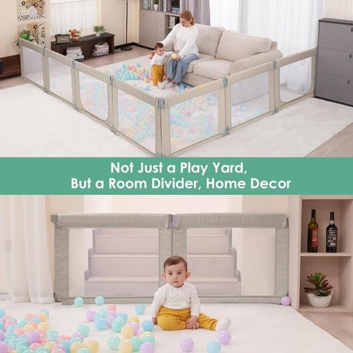 Baby Playpen, Kidirect Foldable Playpen Large Play Center Yards Play Pens for Babies, Shape & Size Adjustable Portable Infant Playpen Baby Fence Play Yard Safety Toddler Playpen(Liner Brown,71"×69")