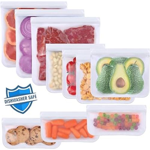Lerine 10 Pack Dishwasher Safe Reusable Bags, Leakproof Reusable Freezer Bags, BPA Free Reusable Storage Bags for Lunch Marinate Food Travel(White) - 3 Gallon 4 Sandwich 3 Snack Bags