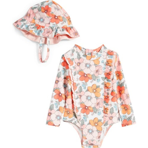 Baby Floral Ruffle Long Sleeve One-Piece Rashguard Swimsuit & Sun Hat Set, White Snow Imogen Floral