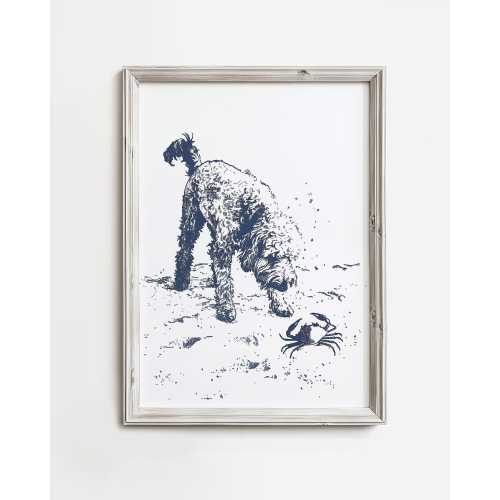 Happy Beach Doodle Finds Crab | Vintage Coastal Home Print | Family Cottage Guest House | Adorable Dog Lover Wall Art | Navy Blue Sketch