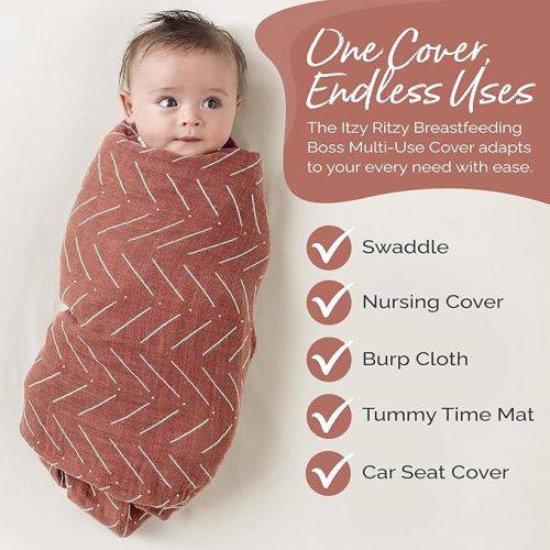 Itzy Ritzy Breastfeeding Boss Multi-Use Cover – A Nursing Cover, Swaddle, Car Seat Cover, Tummy Time Mat & Burp Cloth All in One – Made of Soft Muslin Fabric & Measures 47” x 47” (Mudcloth)