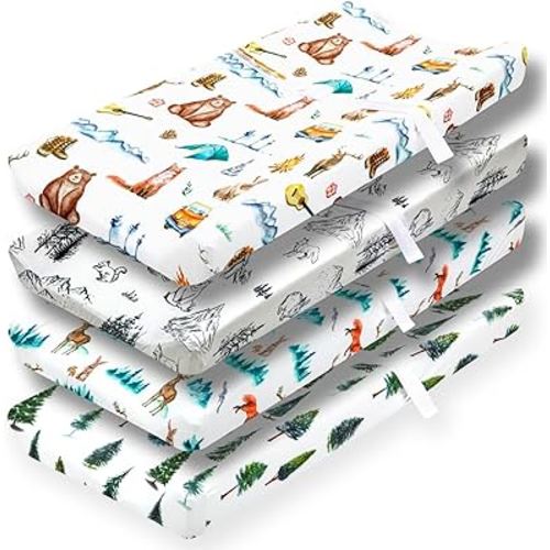 4 Pack Changing Pad Covers Woodland Forest Animals Wood Neutral Unisex Fitted Baby Changing Pad Cover Set for Baby Boys or Girls