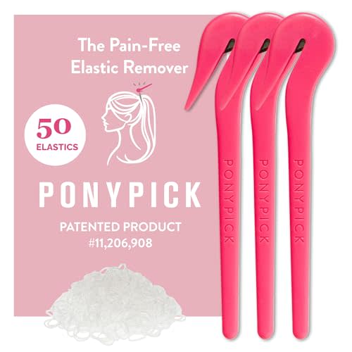 THE PONY PICK Hair Elastic Rubber Bands Cutter Tool – Easy To Use, Pain Free, No Hair Damage – Ponytail Cutter Tool for Kids & Toddlers (3 Packs of Pony Pick & 50 Clear Hair Elastics)
