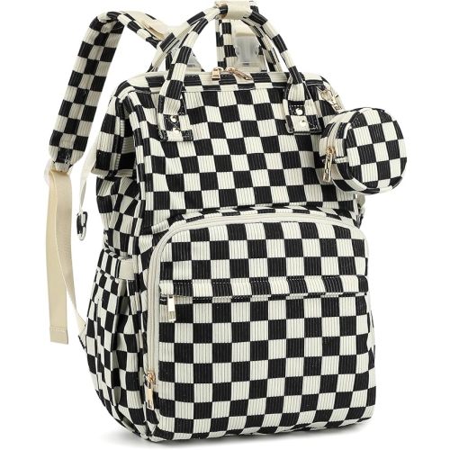 Corduroy Diaper Bag Backpack, Large Capacity Multifunction Baby Diaper Bags for Women, Insulated Bottle Pockets & Pacifier Case, Stylish Travel Nappy Changing Bags for Mom Dad (Checkered Black)