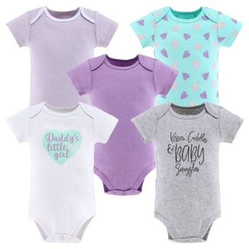 The Peanutshell Baby Girl Short Sleeve Bodysuits, 5-pack, Purple/grey/mint, 9-12 Months