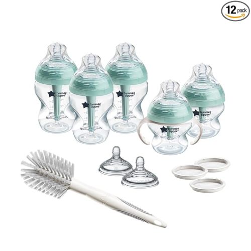 Tommee Tippee Advanced Anti-Colic 12 Piece Set, 5 oz and 9 oz BPA Free Bottles, Newborn 0+ Months, Includes Slow & Medium-Flow Breast-Like Nipples and Bottle Handles and Cleaning Brush