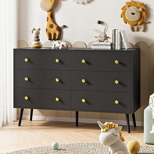 LYNSOM Dresser for Bedroom, 6 Drawer Modern Black Dresser with Wide Drawer and Metal Handles, Modern Dressers & Chests of Drawers for Hallway Entryway