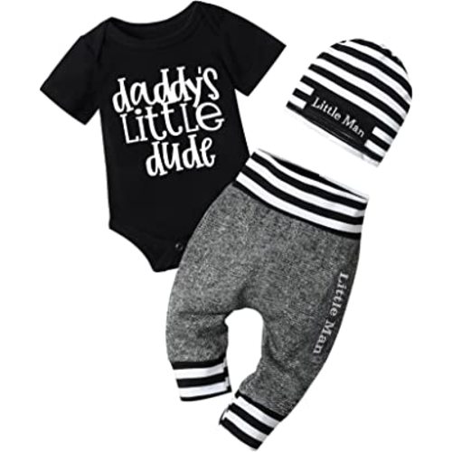 Fommy Newborn Baby Boy Clothes New to The Crew Letter Print Romper+ Pants+Hat 3PCS Outfit