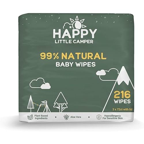 Happy Little Camper Natural Baby Wipes Unscented - Hypoallergenic & Chlorine-Free Wet Wipes with Aloe Vera, Chamomile and Pomegranate Extract - Gentle on Sensitive Skin - 216 Count