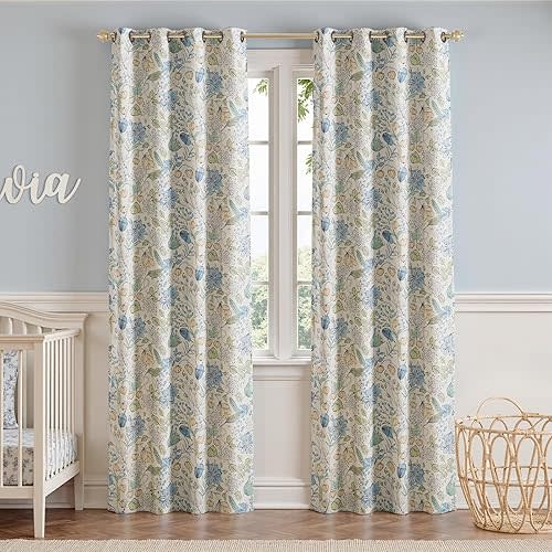 jinchan Nursery Curtains 95% Blackout Blue Floral Curtains for Kids Room, 84 Inch Length Farmhouse Drapes for Bedroom Living Room Darkening Window Treatment Grommet Top Set of 2 Panels