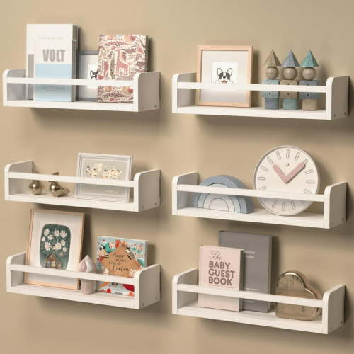 Dual-Guard Nursery Book Shelves Set of 6, Wood Floating Shelves for Nursery Room Wall Decor, Wall Mount Kids Bookshelf for Baby Bedroom Storage, Toddler Toy Hanging Wall Organizer - White