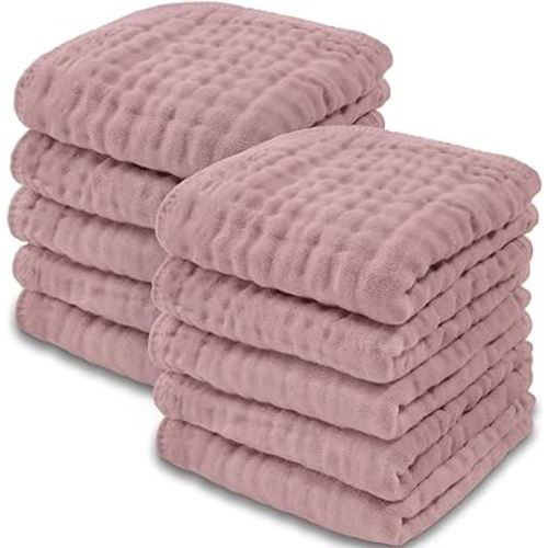 Baby Washcloths Set, Muslin Cotton Baby Towels, Large 10”x10” Wash Cloths Soft on Sensitive Skin for Boys & Girls, Newborn Baby & Toddlers Essentials Shower Registry Gift (Mauve, Pack of 10)