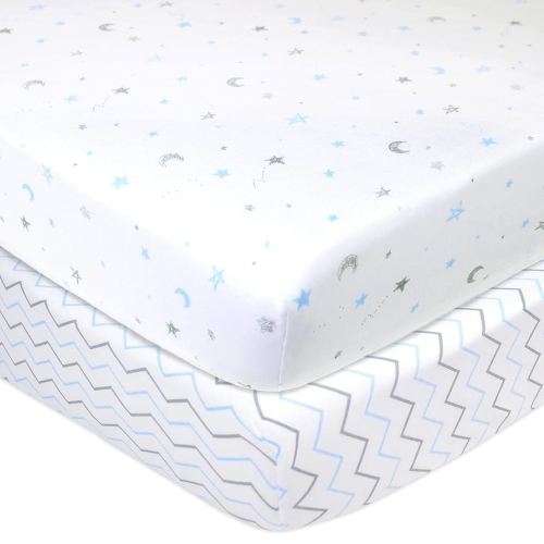 American Baby Company 2 Pack 100% Natural Cotton Fitted Crib Sheets 52" x 28" - Soft, Breathable, Hypoallergenic & Gentle Toddler Bed Sheets, Blue Star/Blue Zigzag, Neutral for Boys & Girls