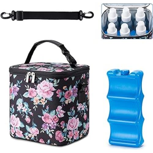 Breastmilk Cooler Bag with Ice Pack Fits 6 Baby Bottles Up to 9 Ounce, Baby Bottle Bag with Shoulder Strap for Nursing Mom Daycare, Flowers