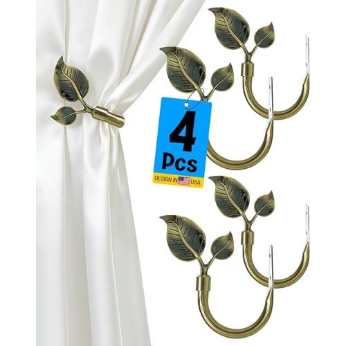 4Pcs Leaf Shaped Curtain Pull Back Hooks, Handmade Metal Curtain Side Holders, Curtain Side Holders for Wall for Curtains, Wall Mounted Heavy Duty Hook for Drapes, Window Home Decor (Antique Brass)