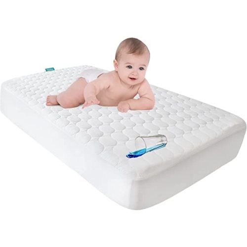 Crib Mattress Protector Pad Waterproof, Toddler Machine Washable & Dryer Fit Baby Bed Mattress Protector (Standard Size 52” x 28”) - White