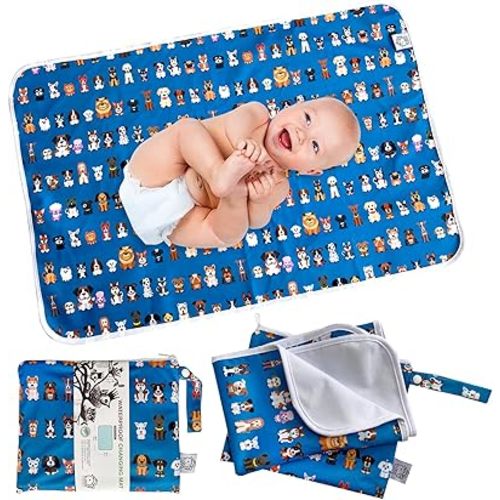 Flockthree Waterproof Baby Changing Pad with Storage Bag (43.3" X 28.7") Washable Wipeable Reusable Leak Proof Diaper Travel Mat Station Changing Mattress Liner Cribs Bed Cover, Dog Family