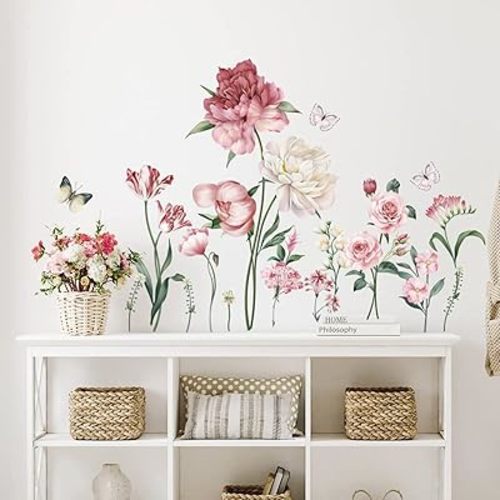 wondever Pink Peony Rose Floral Wall Stickers Garden Flower Peel and Stick Wall Art Decals for Bedroom Living Room TV Wall
