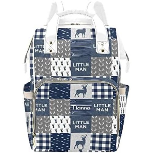 Antler Little Man Navy Woodland Plaid Diaper Bags with Name Waterproof Mummy Backpack Nappy Nursing Baby Bags Gifts Tote Bag for Women