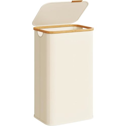 SONGMICS Laundry Hamper, Laundry Basket with Lid, Foldable Storage Basket, Bamboo Frame, for Bedroom, Living Room, Oxford Fabric, 26.4 Gal. (100 L), Cream White ULCB518WD01