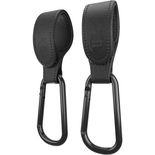Baby Uma Stroller Hooks for Bags (2 Pack) - Faux-Leather Stroller Clips and Hooks, Universal, 11 lb Weight Capacity per Carabiner, Adjustable & Non-Slip, Baby Travel Essential (Black)