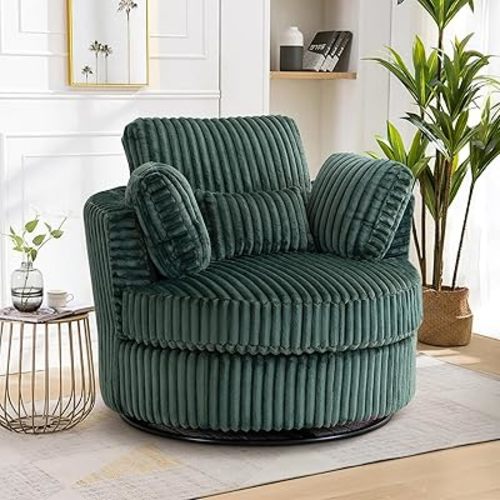 40" W Oversized Swivel Accent Barrel Chair, 360° Rotate Corduroy Upholstered Modern Round Armchair with Pillows, Leisure Comfy Reading Sofa Chair for Living Room, Bedroom, Office(Green)
