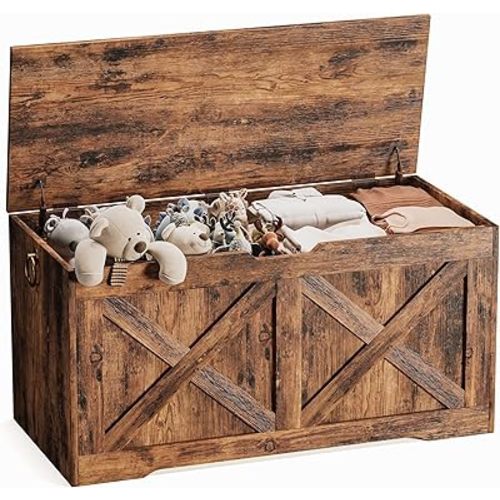 41.3" Storage Chest, Large Wooden Storage Bench with Lift Top, Storage Trunk with 2 Safety Hinges, Multifunctional Entryway Organizer Toy Chest for Living Room, Bedroom, Rustic Brown
